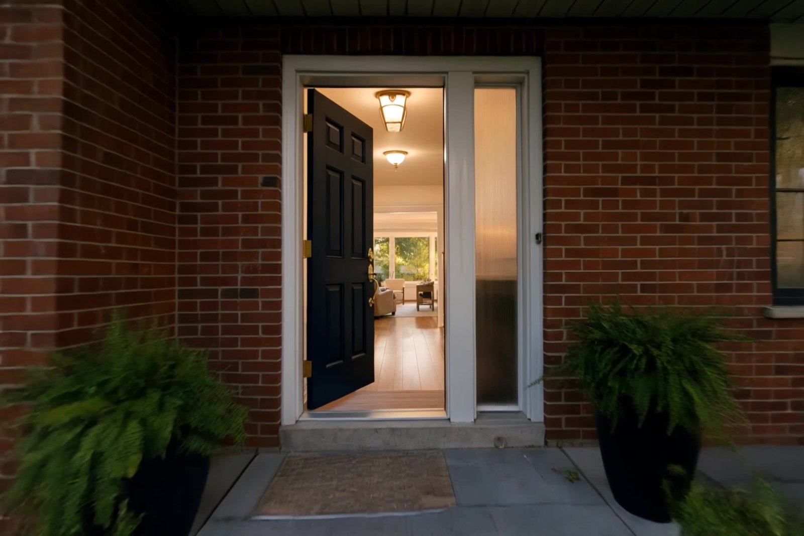 Front door of the demo house at golden hour